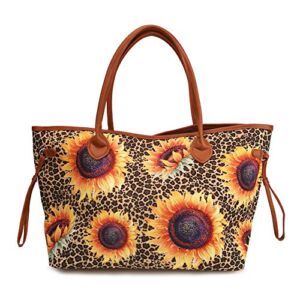 Oversized Tote Handbag Sunflower Canvas Shoulder Bag Purse with Inner Pockets for Women Cheetah Printing Shopping Picnic & Beach Bag Gifts for Mom Co-worker Daughter (X-large, leopard sunflower)