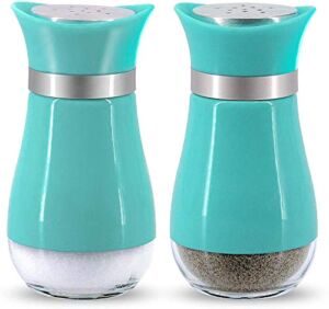 Salt and Pepper Shakers Set, USFY Glass Salt & Pepper Dispense for Sea Salt, Black Pepper, Refillable Spices Kitchen Gift for Women Mom Family – Teal, 2-pc Set