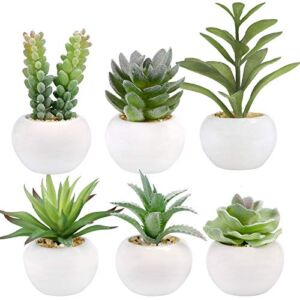GREENTIME Set of 6 Succulents Plants Artificial in Mini White Ceramic Pots,Small Fake Succulents Plants,Faux Indoor Succulent Plants for Windowsills,Bedroom,Desk,Bathroom,Office,Home Decoration