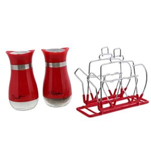 Red Stainless Steel Napkin Holder With Salt and Pepper Shakers Set – Teapot Design