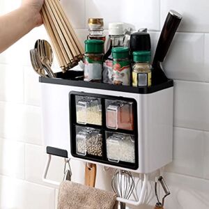 Wall Mounted Kitchen Countertop Organizer Spice Racks, Spice Shelf Storage Holder With Towel Bar And 6 Removable Hooks, Suitable For Home And Kitchen,White
