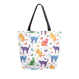 ALAZA Large Canvas Tote Bag Rainbow Cute Cat Butterflies Polka Dot Shopping Shoulder Handbag with Small Zippered Pocket
