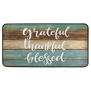Kitchen Mat Rustic Brown TurquoiseTeal Barn Wood Grateful Thankful Blessed 39 x 20 Inch Comfort Floor Mat Rug Perfect Carpet for Kitchen, Floor Home, Office, Sink, Laundry