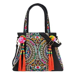 surrylake Embroidered Ethnic Tote Bag Casual Shoulder Bag Multicolor Boho Handbags Vintage Crossbody Bag for Women