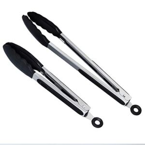 Cooking Tongs,Stainless Steel BBQ and Kitchen Tools with Silicone Tips,Set of 2 – 9,12 inches – Black