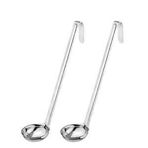 [2 Pack] 2 oz Stainless Steel Soup Ladle – One-Piece Sauce Spatula with Hook Handles, Commercial Grade Serving Spoon, Kitchen Tool for Restaurant or Home Cooking, Mirror Finish, 12” Long
