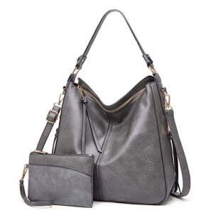 Lifetooler Womens Hobo Tote Handbags Retro Large Size Shoulder Bag Casual Faux Leather Crossbody Bags (Gray)
