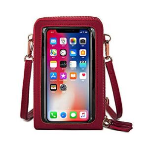 Touch Screen Crossbody Cellphone Purse, RFID Blocking Wallet Adjustable Straps Handbag PU Leather Shoulder Bag with Card Slots Multiple Zipper Closure for Women (Wine Red)