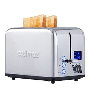 Toaster 2 Slice, CUSIMAX Stainless Steel Toaster with Large LED Display, Bread Toaster 1.5” Extra-wide Slots with 6 Browning Settings, Cancel/Bagel/Defrost Function, Removable Crumb Tray, Silver
