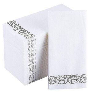 JOLLY CHEF 100 Disposable Hand Towels , Soft and Absorbent Line-Feel Dinner Napkin, Elegant Decorative Paper Guest Towels for Kitchen, Bathroom,Weddings,Parties, Silver and White