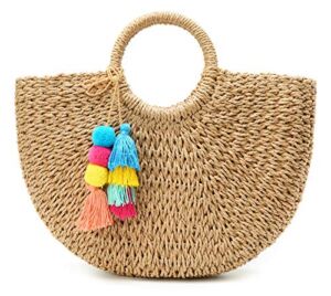 Womens Large Straw Beach Tote Bag Hobo Summer Handwoven Bags Purse wth Pom Poms