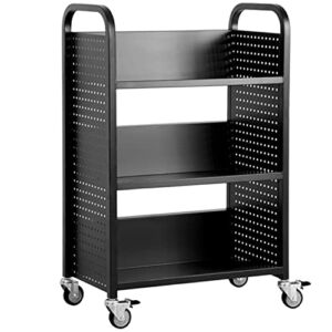 H&A Library Rolling Book Cart with 3 Flat Shelves, Book Truck with Swivel Lockable Casters for Home Shelves Office and School Book Truck in Black
