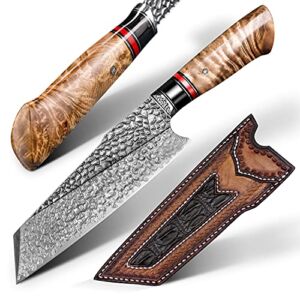 FZIZUO 7.6 Inch Handmade Santoku Chef Knife,Ultra Sharp Damascus Steel Blade, Burl Wood Handle,Japanese Style Handmade Kitchen Cooking Knives with Sheath for Home and Restaurant