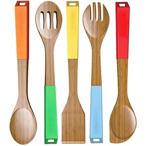 LOVE PAN 5 Piece Bamboo Cooking Utensils Wooden Spoons with Colored Handles