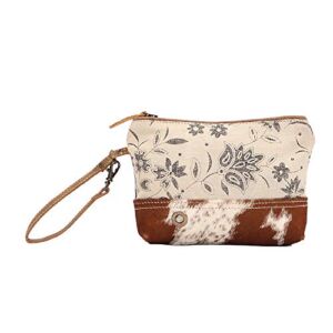 Myra Bag Floret Upcycled Canvas & Cowhide Wristlet Pouch Bag S-1523
