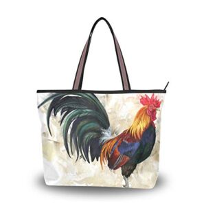 Women Tote Top Handle Shoulder Bags Painting Rooster Cock Large Zip Ladies Handbag