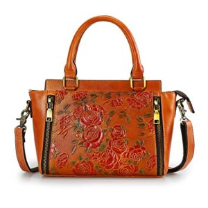 Purse and Handbags for Women Leather Shoulder Hand Bags Tote Handle Medium Satchel Vintage Embossing Rose Crossbody Bag Brown