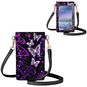 WELLFLYHOM Purple Butterfly Cell Phone Purse Crossbody with Touchscreen Shoulder Bag for Women Teen Girls Small Soft Leather Mobile Phone Touchable Cross-Over Bag for Work Walking