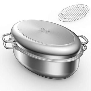 Mr Captain Roasting Pan with Rack and Lid 12 Quart,18/10 Stainless Steel Multi-Use Oval Dutch Oven, Induction Compatible Dishwasher/Oven Safe Turkey Roaster,17 Inch