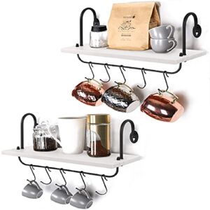 Olakee Floating Wall Shelves for Kitchen Bathroom Coffee Nook with 10 Adjustable Hooks for Mugs Cooking Utensils or Towel Rustic Storage Shelves Set of 2/17×5.9 inch (White)