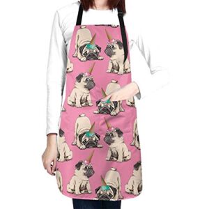 CUAJH Cute Dog Pugs with Ice Cream Apron for Men Women Chef, Waterproof Adjustable Neck Strap Bib Apron with 2 Pockets, Suitable for Home Kitchen Cooking Baking Gardening