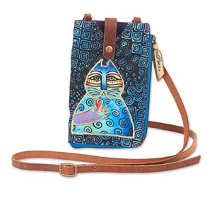 Laurel Burch Crossbody Cell Phone Purse – Women Cotton Canvas Multicolor Handbag with Genuine Leather Adjustable Strap (A. Cat Blue)