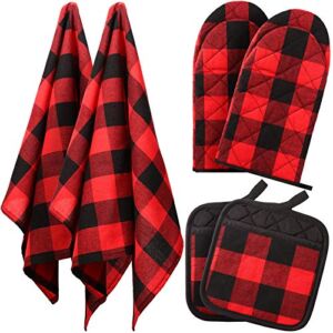 6 Pieces Valentine’s Day Buffalo Plaid Pot Holders Kitchen Towels Oven Mitts Dish Towels Set Potholder Gloves Heat Resistant Non Slip Holder for Baking Cooking Grilling Home Decor (Red and Black)