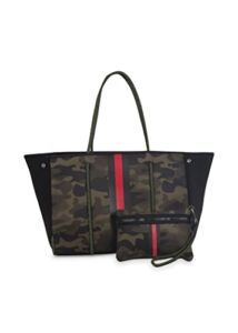 Haute Shore – Greyson Brat2 Neoprene Tote Bag w/Zipper Wristlet Inside (Greyson, Camo Green w/Black & Red Stripe)