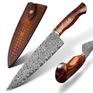 FZIZUO Professional Japanese 7.5 Inch Handmade Damascus Steel Chef Knife,Home Kitchen cleaver Desert Ironwood Handle Gyuto Kitchen Knives with Sheath for Meat and Vegetable Cooking in Home&Restaurant