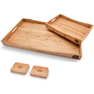 SJ Kitchen & Dining Wooden Serving Tray Set of 2 – Extra Large Tray with Handles 26″ x 15″ – Ottoman Coffee Table Decor & Durable Bed Tray for Serving Dishes, Premium Bamboo with 2 Coasters