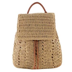 Women Straw Handmade Crochet Backpack Flap Drawstring Shoulders Bag Casual Beach Daypack