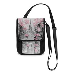 ALAZA Art Paris Eiffel Tower Small Crossbody Wallet Purse Pink Cherry Blossom France Cell Phone Bag Rfid Passport Holder with Credit Card Slots
