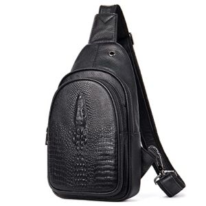 Crocodile Leather Sling Bag with Leather Strap, 3 Zipper Crossbody Shoulder Bags for Travel Hike Everyday Carry Black