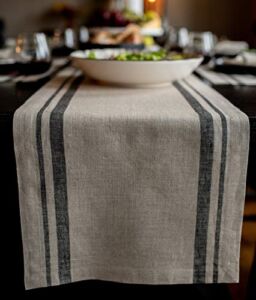 Solino Home Linen Table Runner 14 x 72 Inch – Black and Natural, 100% Pure Linen French Stripe Table Runner for Winter – Machine Washable and Handcrafted from European Flax