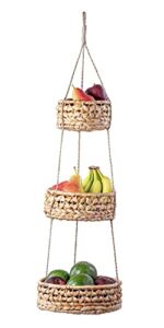 Hanging Fruit Basket Woven 3 Tier for Kitchen, Handmade Natural Rattan Handwoven Wicker Seagrass Wall Baskets Vegetable Organizer Produce Counter Space Saver Decorative Storage Boho Home Decor Planter