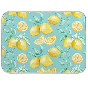 Absorbent Dish Drying Mat for Kitchen Counter – Yellow lemon teal background Microfiber Drying Pad, Reversible Drainer Mats for Countertop, Medium 16 x 18 inch