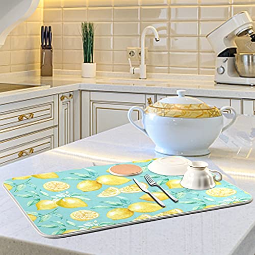 Absorbent Dish Drying Mat for Kitchen Counter – Yellow lemon teal background Microfiber Drying Pad, Reversible Drainer Mats for Countertop, Medium 16 x 18 inch | The Storepaperoomates Retail Market - Fast Affordable Shopping