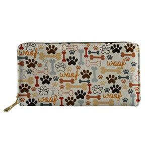 Brown Red Bone with Dog Paw Printed Women Travel Wallet, PU Leather Purse Coin Bag, Lovely ID Card Holder for Women