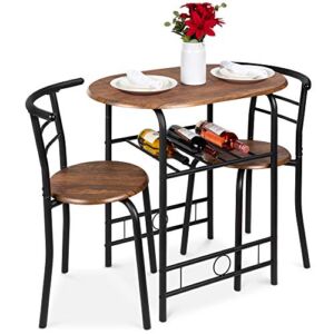 Best Choice Products 3-Piece Wooden Round Table & Chair Set for Kitchen, Dining Room, Compact Space w/Steel Frame, Built-in Wine Rack – Black/Brown
