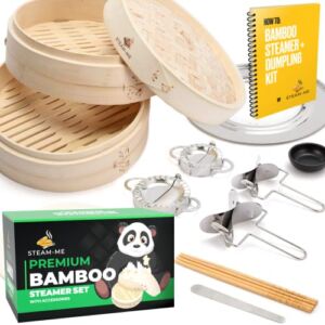 10 Inch Bamboo Steamer Basket with Steamer Ring- Steaming Basket for use as Dumpling Steamer, Bao Steamer, Dim Sum Steamer, Bun Steamer Basket Bamboo- Includes 2 Dumpling Maker Molds, 40 Liners & More