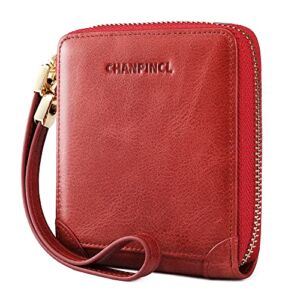 RFID Wallets for women Genuine Leather Zipper Purses Secure Large Capacity Multi-card Wallets Clutch Travel Wristlet (Red)