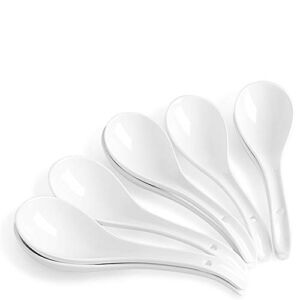 SWEEJAR Ceramic Soup Spoons with Long Hooked Handle for Cereal, Pho, Egg Drop Soup, Asian Soup, Chinese Won Ton soup, Porcelain Spoon Set of 8 for Kitchen, Home, Restaurant (White)