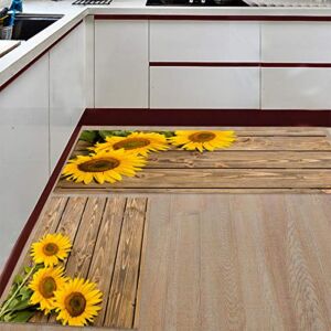 Kitchen Rugs Sets 2 Piece Floor Mats 3 Sunflower on The Wooden Table Doormat Non-Slip Rubber Backing Area Rugs Washable Carpet Inside Door Mat Pad Sets (15.7″ x 23.6″+15.7″ x 47.2″)