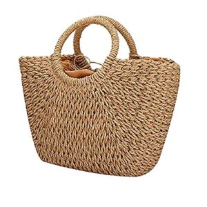 LXXUY Straw Bags for Women, Hand-woven Straw Large Hobo Summer Beach Bag Round Handle Ring Toto Retro Rattan Bag, Coyote Brown, One Size