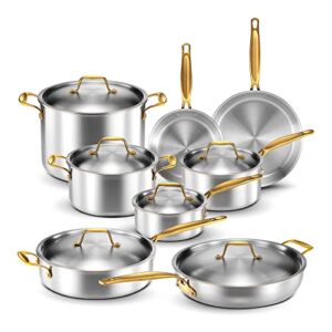 Legend Stainless Steel Cookware Set | 5-Ply Copper Core 14-Piece with Gold Handles | Stainless Steel Pots and Pans Set | Professional Clad, All Kitchen Induction & Oven Safe | PFOA, PTFE & PFOS Free