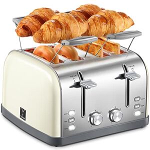 Toaster 4 Slice, Extra Wide Slots, Stainless Steel with High Lift Lever, Bagel and Muffin Function, Removal Crumb Tray, 7-Shade Settings with Warming Rack, Cream, Yabano