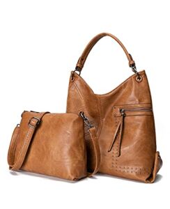 FADEON Leather Hobo Bags for Women Large Zipper Shoulder Purses Designer light Handbags Sets with Organizer … (Camel Brown)