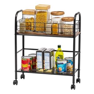 IRIS USA 2-Tier Kitchen Storage Rolling Cart with Lockable Caster Wheels, Coffee Cart, Pantry Rack, Home Bar, Serving Cart, Slim, Rustic Brown