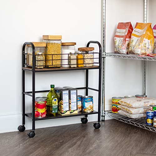 IRIS USA 2-Tier Kitchen Storage Rolling Cart with Lockable Caster Wheels, Coffee Cart, Pantry Rack, Home Bar, Serving Cart, Slim, Rustic Brown | The Storepaperoomates Retail Market - Fast Affordable Shopping