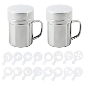 AIFUDA 2 Pcs Stainless Steel Dredge Shaker with Handle and 16 pcs Printing Molds Stencils, Salt Pepper Coffee Cocoa Cinnamon Powder Can with Hole for Kitchen Baking Cooking
